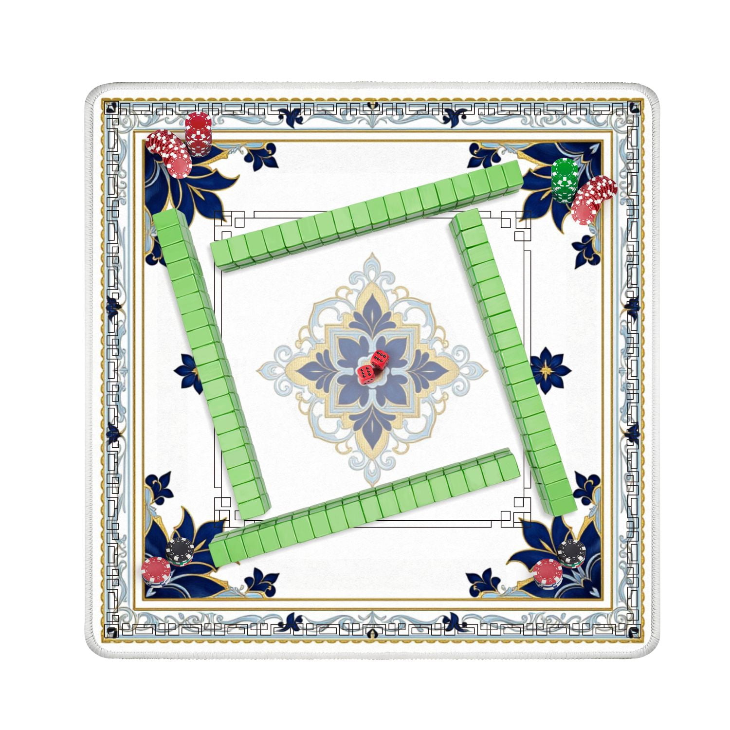 Mahjong Mat 31.5" x 31.5" Elegant Blue Gold Mandala Ornate Floral Details Non-Slip Noise Reduction American Mahjong Tiles Table Cover for Dominoes Poker Card Board Games Gift