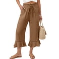 thumbnail image 2 of Womens Wide Leg Pants Drawstring Elastic High Waisted Ruffle Hem Capri Pants with Pockets Brown 2XL, 2 of 5
