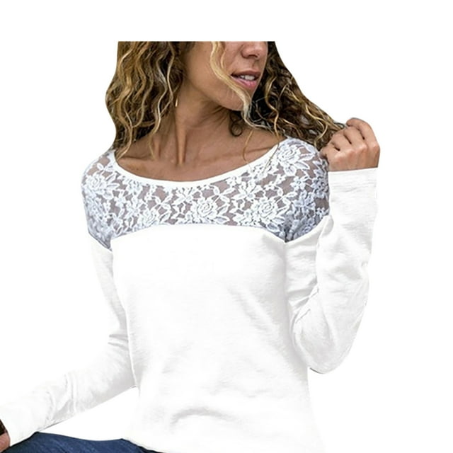 Leutsin Blouse Ample pour Femmes en Dentelle Unie à Manches Longues et Col Rond