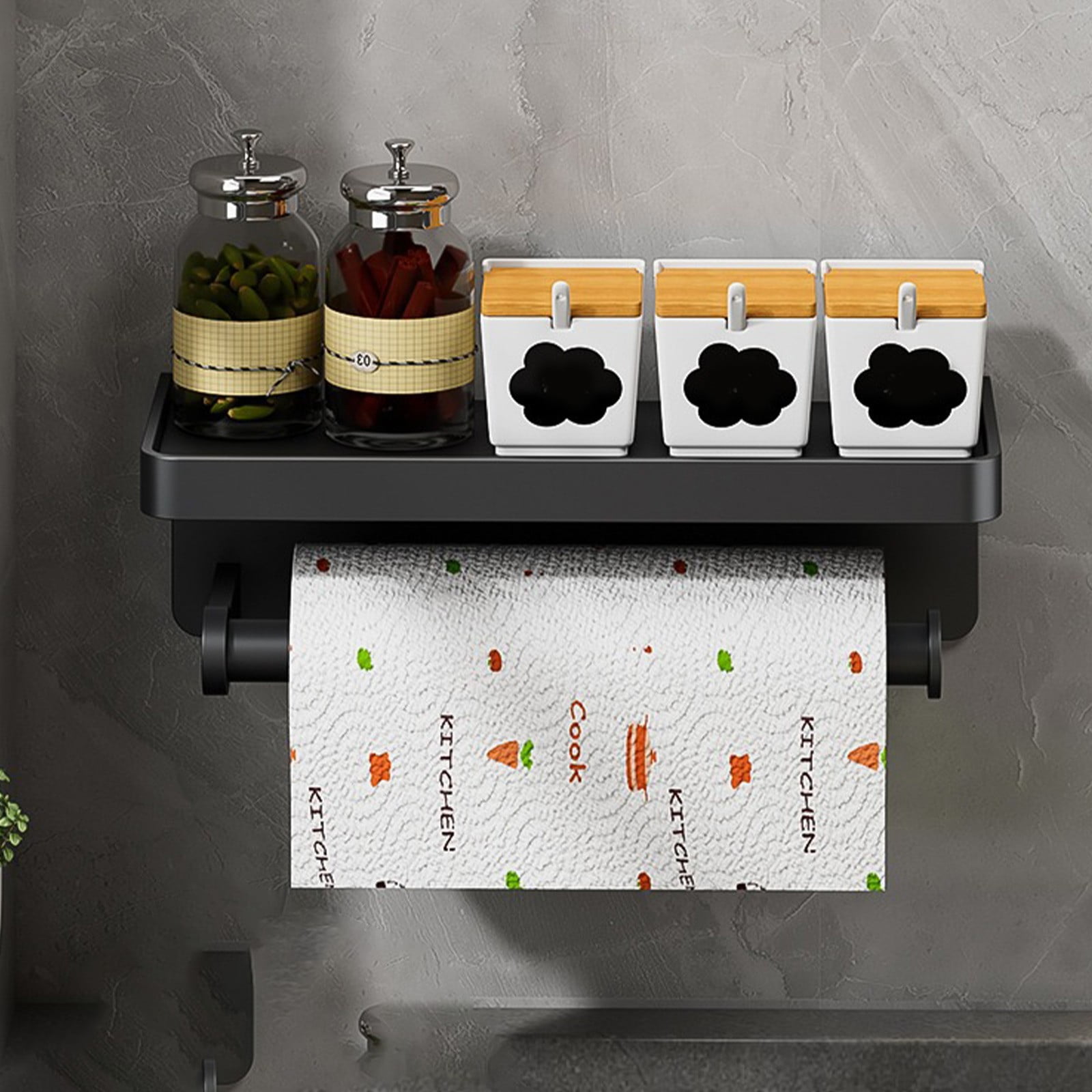 Paper Towel Holder Wall Mounted for Kitchen 11", Bathroom Tissue Roll Hanger with Storage Shelf, Adhesive Hand Towel Holder, Matte Black