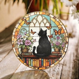 Black Cat Books glass suncatcher Butterfly Floral Suncatchers for windows Gothic Window Glass Window Art kitten memorial gift. 3.5 in
