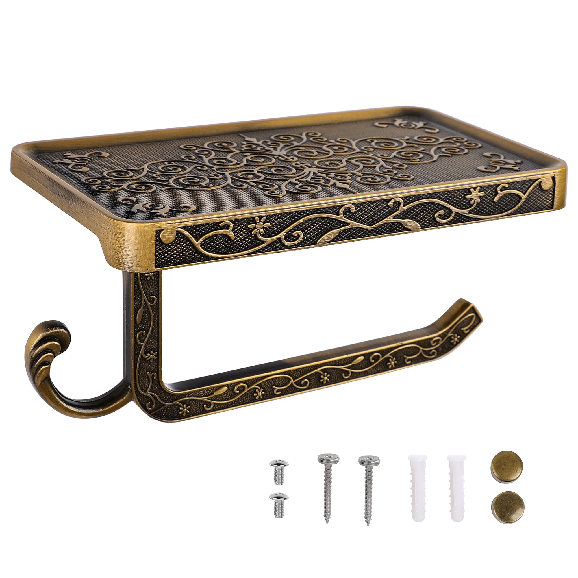 Unique Bargains Toilet Paper Holder with Phone Shelf Aluminum Alloy Holder Copper Tone
