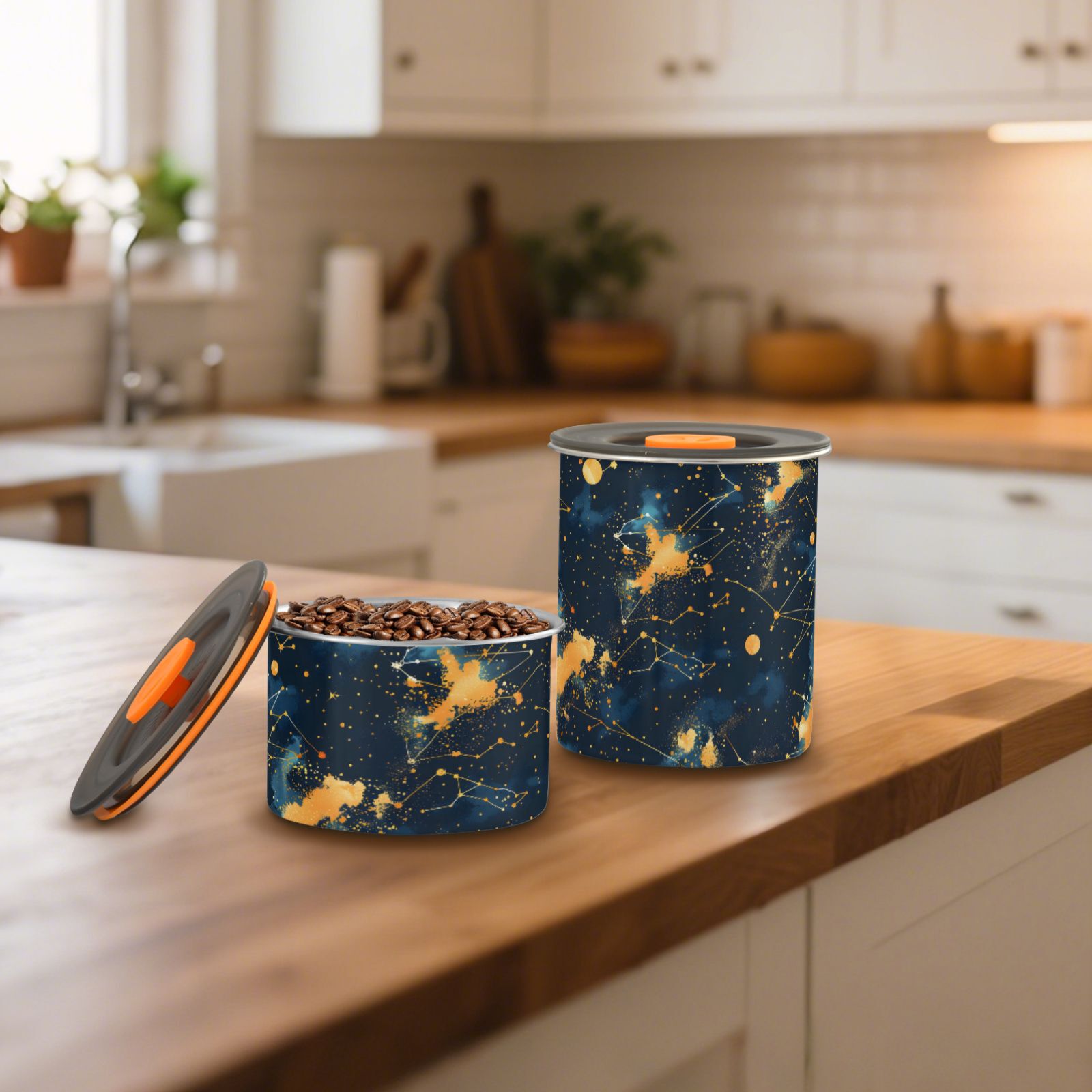 Constellation Starry Sky Airtight Coffee Bean Canister 30oz Food Storage Containers with Lids For Gournd, Tea, Sugar, Flour, Rice, Cereal, Candy Cookie Jar