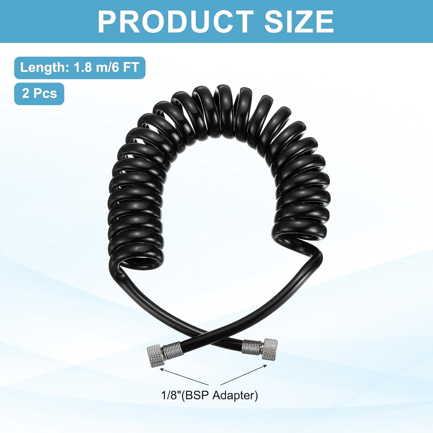 MKEUDQ-2 Pcs 1/8 Polyurethane Recoil Air Hose, 6ft Air Compressor Hose with 1/8 Inch Quick Fittings and Bend Restrictor for Air Brush Paint Machine Nails, Black
