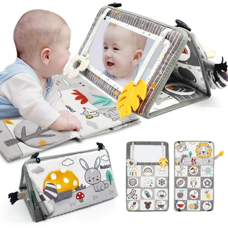 Blublu Park Tummy Time Mirror for Babies 0-6 Months Newborn Infant Baby Sensory Toys Brain Development with Crinkle Cloth Book and Teething Toy for Boy Girl Gifts Baby Newborn Essentials