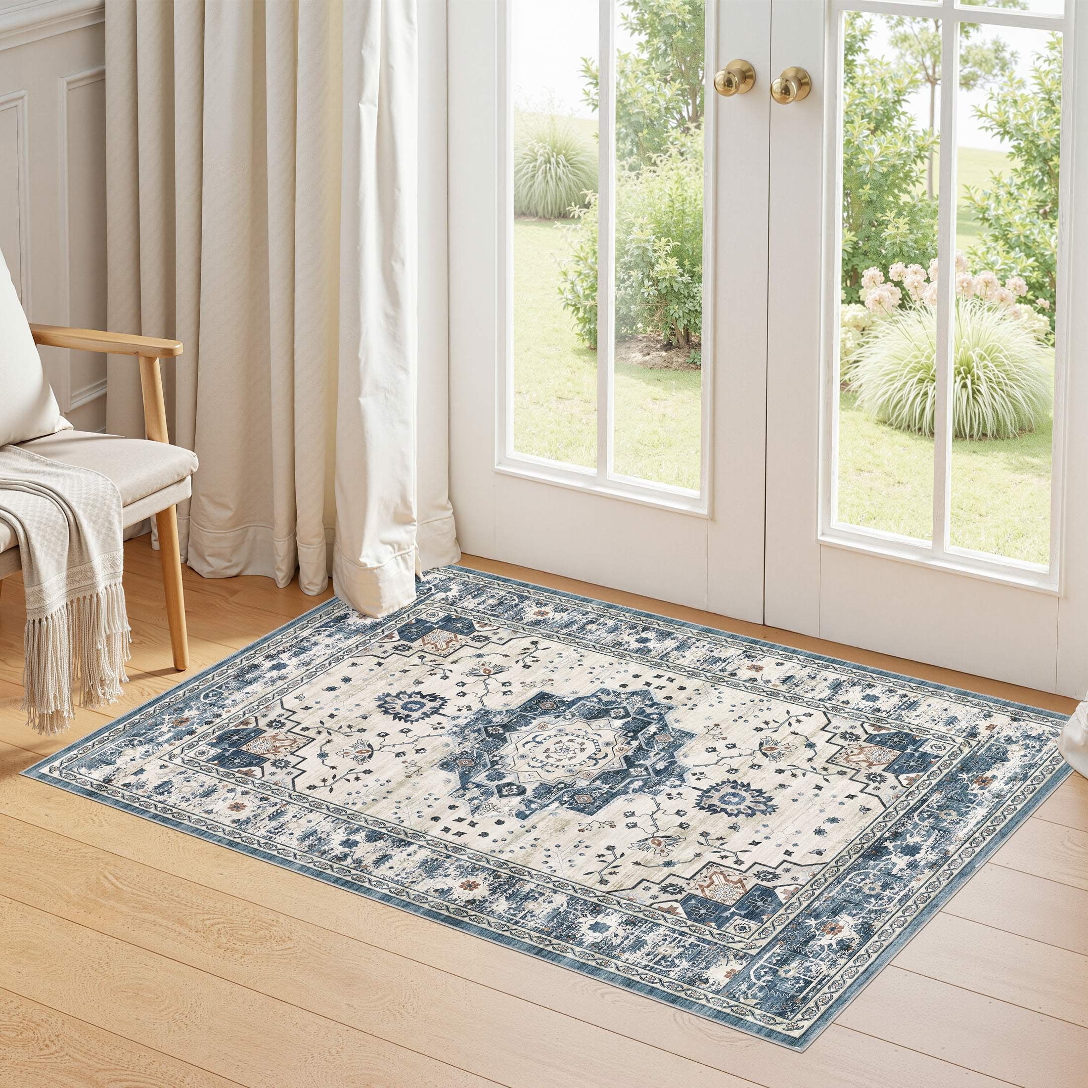 Uermei 3'x5' Washable Area Rug: Soft Non-Slip Indoor Floor Rug for Bedroom, Office, Dining Room, Entryway, Stain-Resistant Door Mat Throw Carpet for Laundry Foyer - Blue