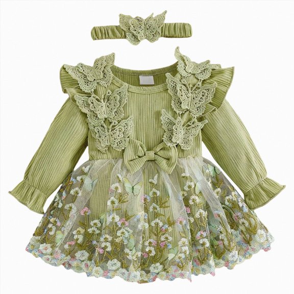 CAICJ98 Baby Girl Romper Dress Embroidery Lace Flowers Baby Dress Romper Fall Winter Festival Clothes with Headband Baby Clothes Girls (Green,3-6 Months)