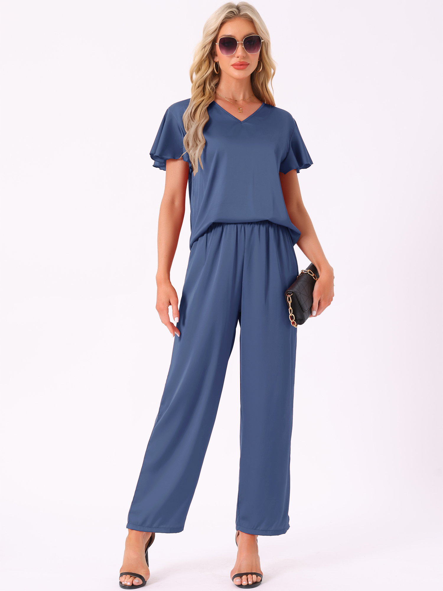 DARING DIVA Silky Satin 2 Pieces Ruffle Top and Long Pants Sleepwear Sets S Blue