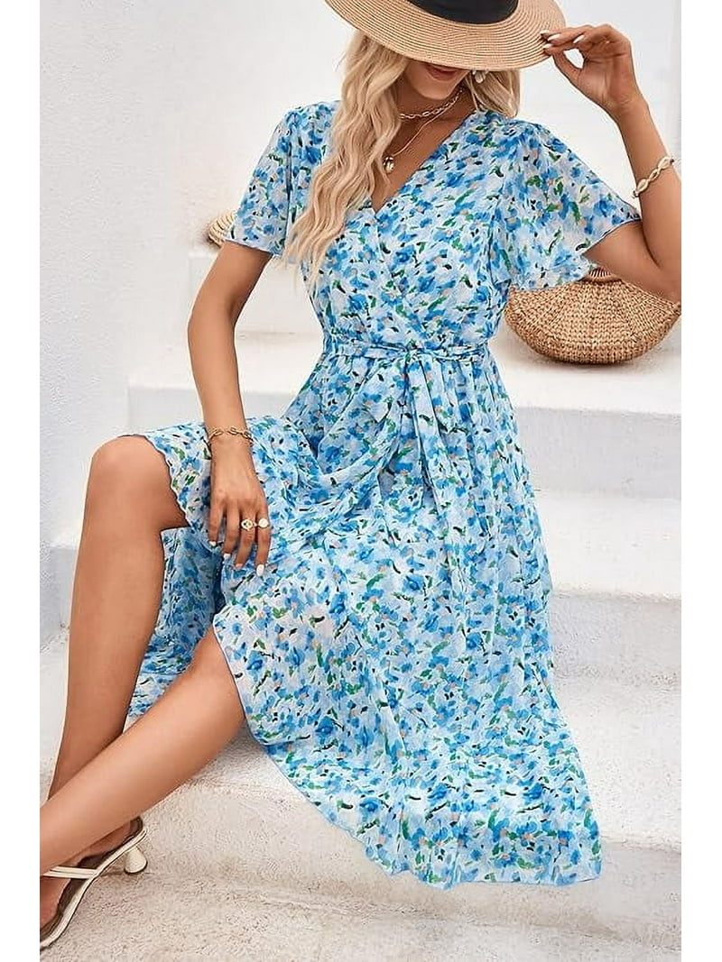 Prettygarden Women's Floral Boho Dress Wear To Work Wrap V Neck Short Sleeve Belted Ruffle Hem A-Line Flowy Maxi Dresses, Size: XL, Blue
