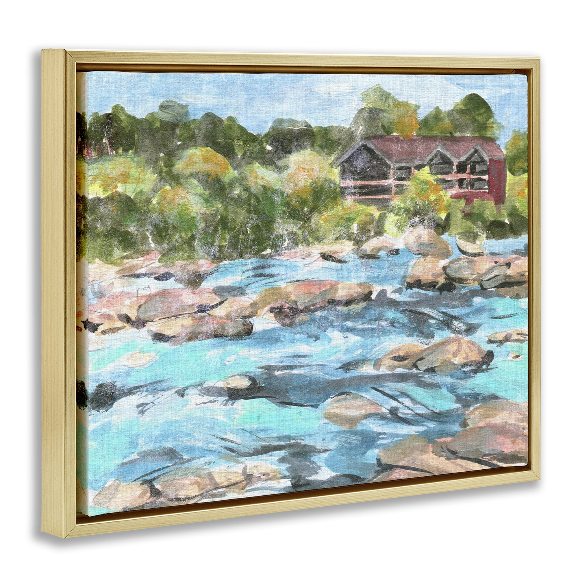 Stupell Industries Rocky River Landscape Landscape Painting Gold Floater Framed Canvas Art Print Wall Art, 31 x 25