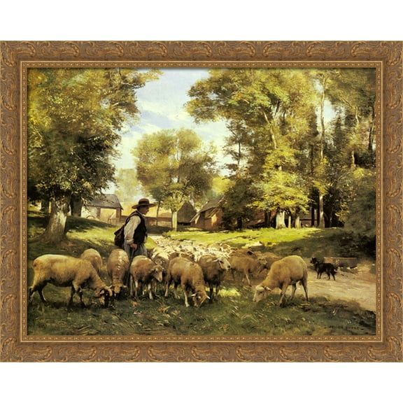 A Shepherd and his Flock 34x28 Large Gold Ornate Wood Framed Canvas Art by Julien Dupre
