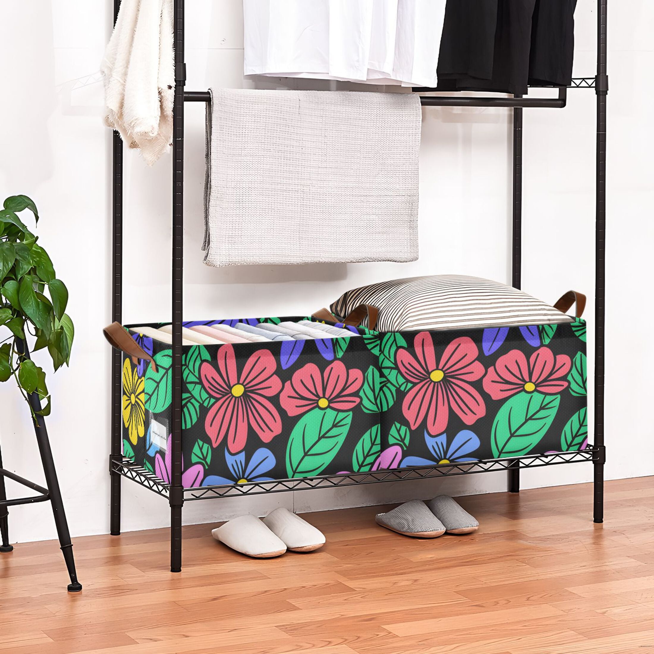 Flowers and Leaves Black Foldable Storage Large Fabric Storage Baskets Organizer Storage Bins with Handles for Shelves
