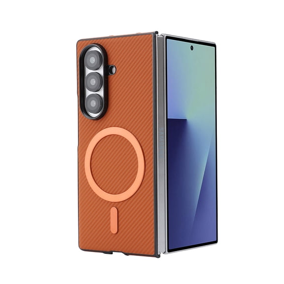 For Samsung Galaxy Z Fold 6 Magnetic Phone Case,Fiber Pattern PU Leather Back,Compatible with Mag-Safe,Shockproof Anti-fall Drop Protection Anti-Scratch Ultra Slim Durable Phone Case,Brown