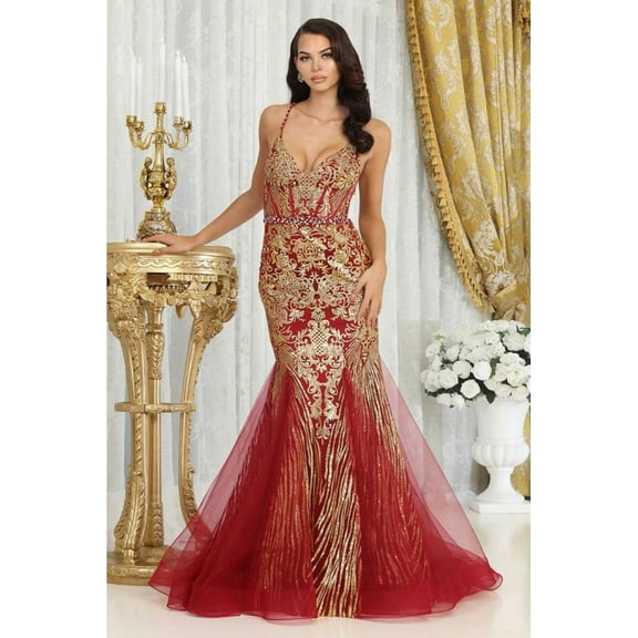 Royal Queen RQ8079 Juniors Womens Mermaid Sleeveless Beaded Red Carpet Gown