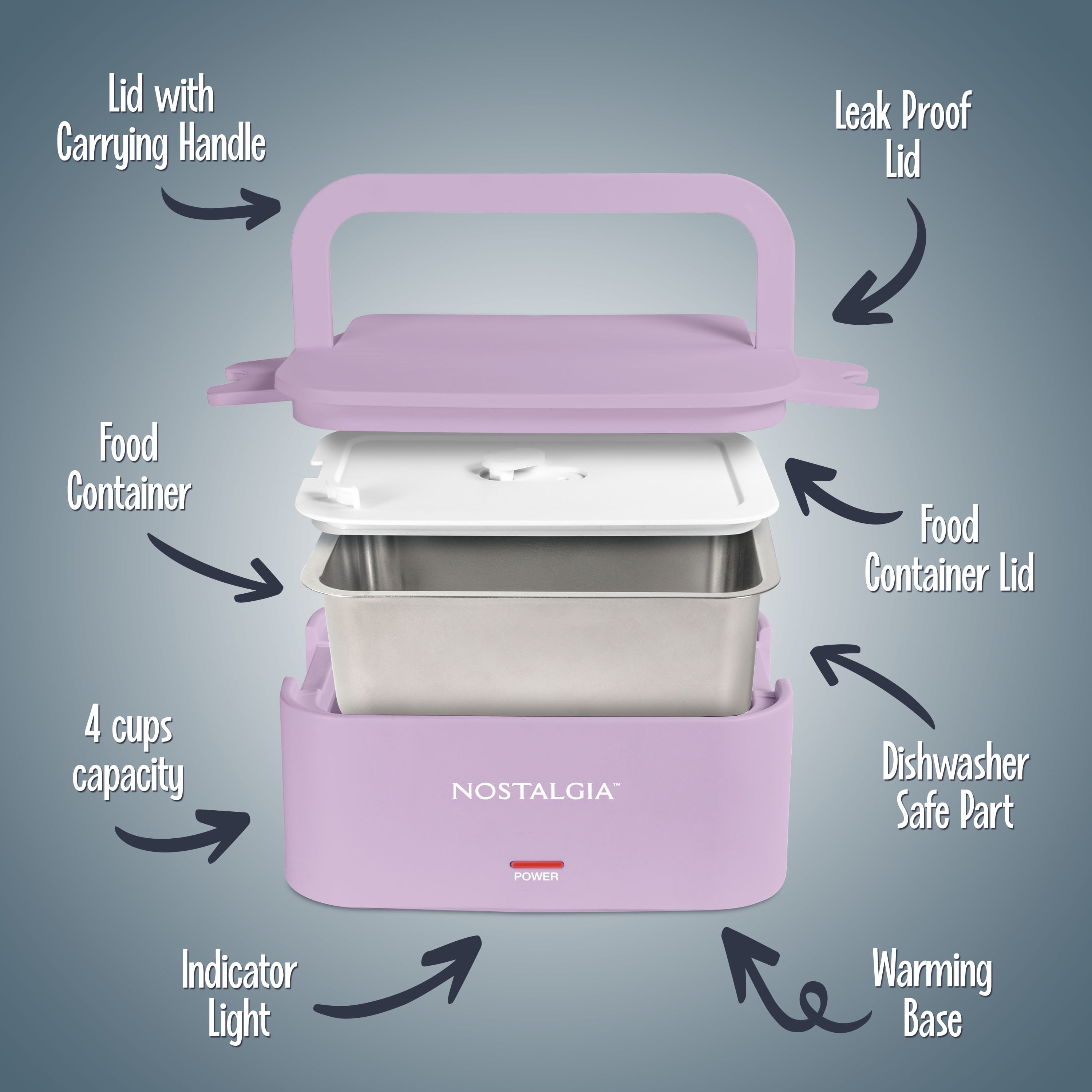 Nostalgia 32 oz Portable Heated Lunch Box with Stainless Steel Lunch Container, Lavender