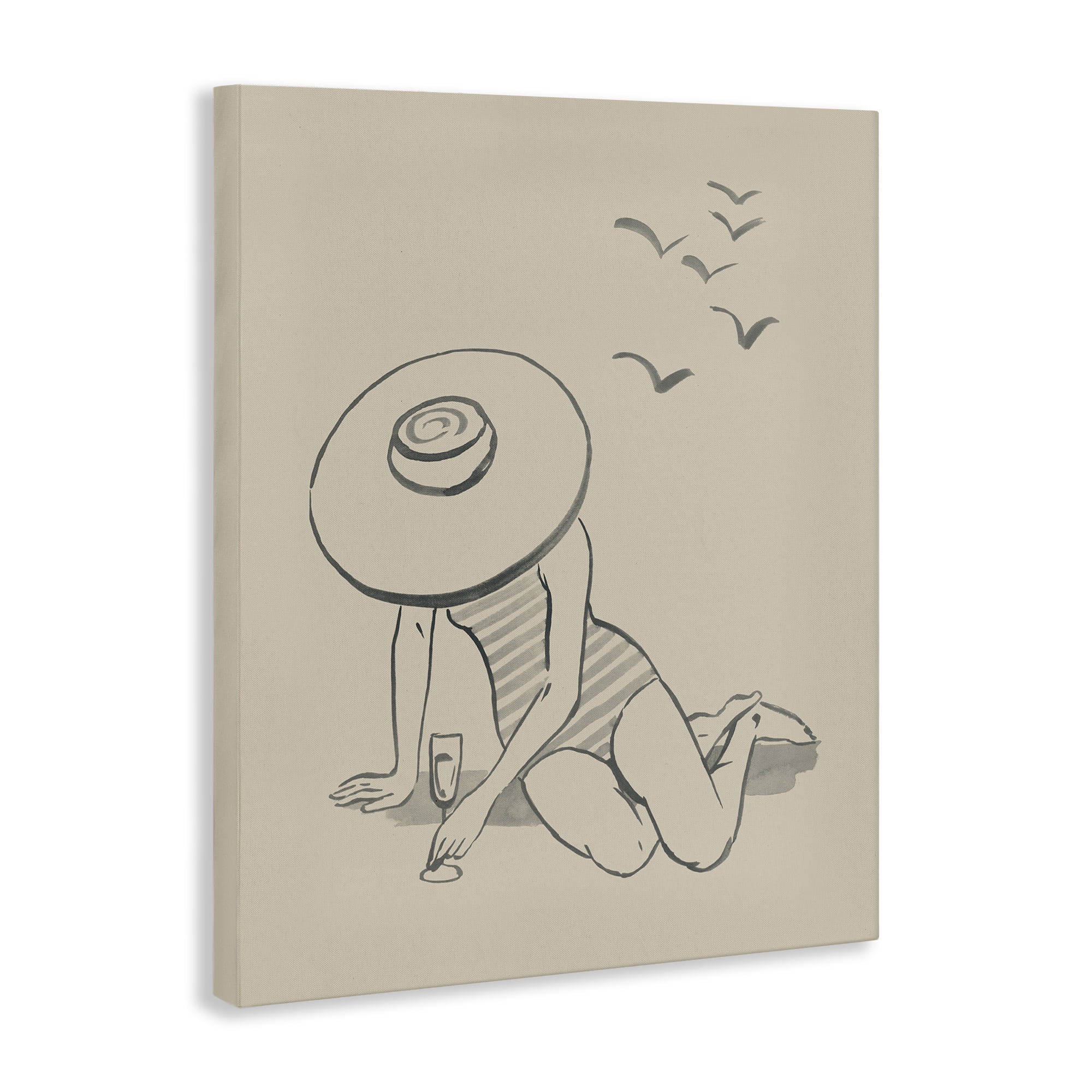 Stupell Industries Girl on Beach Sketch Novelty Drawing Gallery Wrapped Canvas Art Print Wall Art, 36 x 48