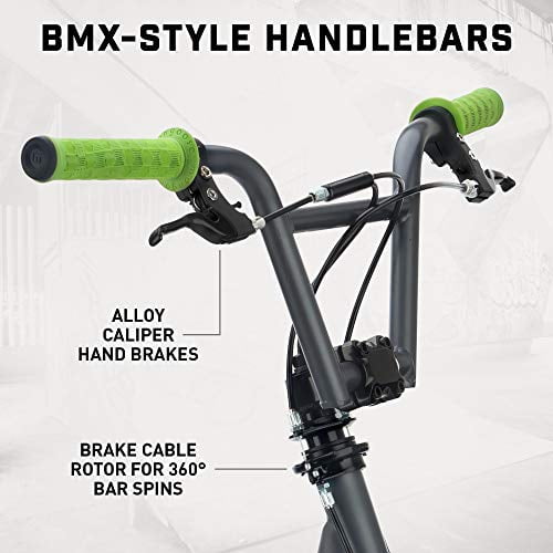 Mongoose Expo Youth Scooter Front and Rear Caliper Brakes Rear Axle Pegs 12 Inch Inflatable Wheels Green Grey Walmart