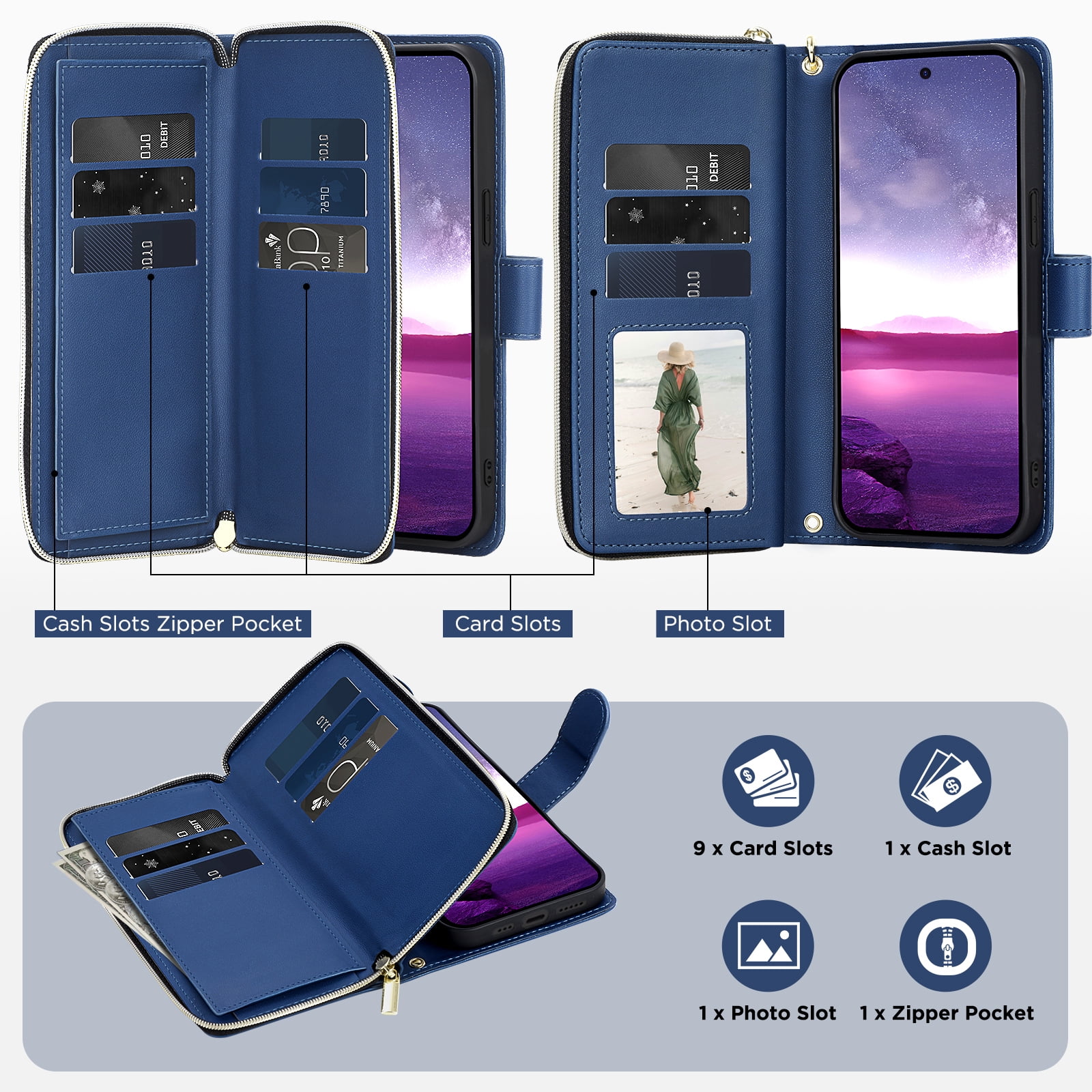 for Samsung Galaxy A26 5G Crossbody Wallet Case with 9 Card Holders, Cash Slot, Photo Slot, Zipper Pocket PU Leather Magnetic Snap Wallet Phone Case with Flip Stand & Wrist Strap & Lanyard, Blue