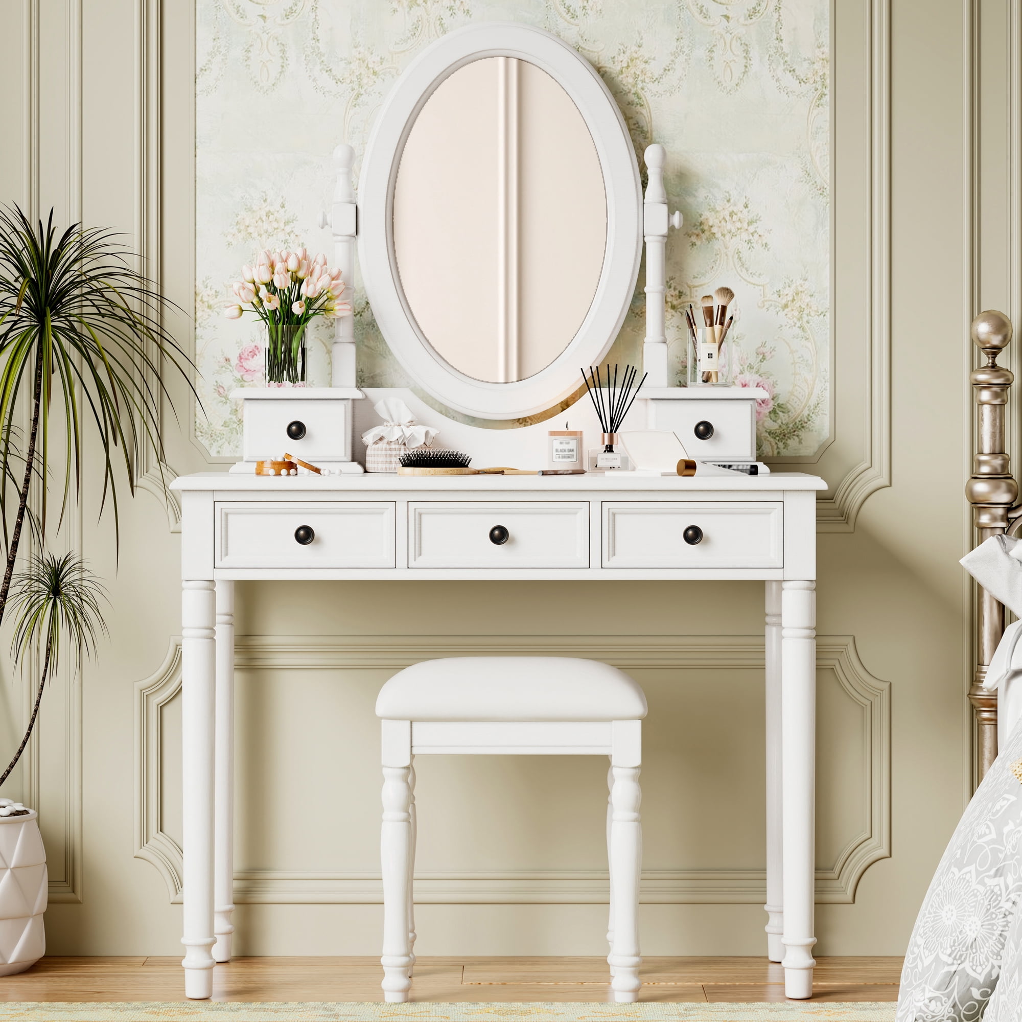 Euroco Vintage Wooden Vanity Desk Set with Adjustable Mirror, Cushioned Stool & 5 Velvet-Lined Drawers, Solid Wood Makeup Table with Oval Mirror and Carved Details