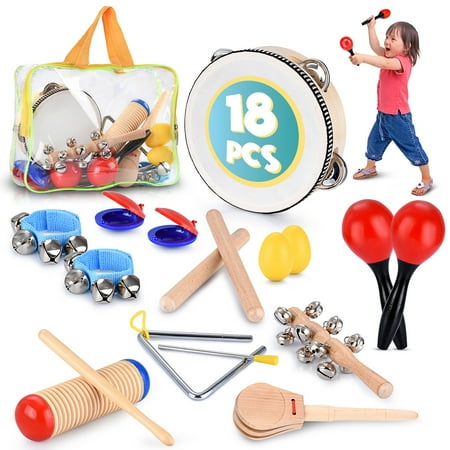 Educational & Musical Percussion for Preschool, Toddlers & Kids Instruments Wooden Toy Set – Tambourine, Maracas, Castanets & Much