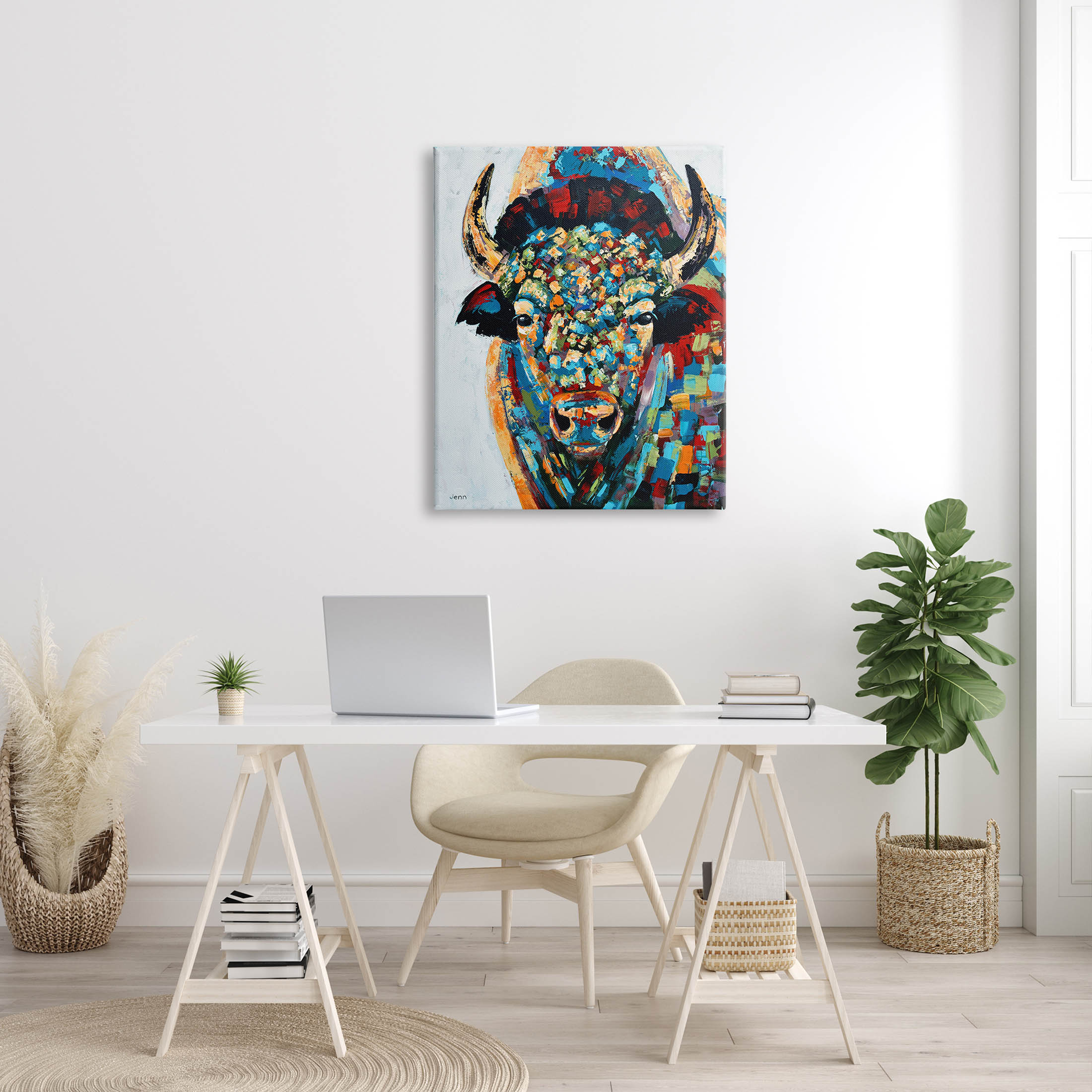 Abstract Bison Kaleidoscopic Strokes Animals & Insects Painting Gallery Wrapped Canvas Print Wall Art
