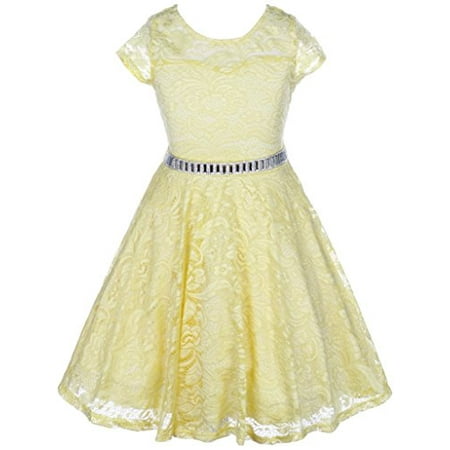Big Girls' Illusion Lace Top Stone Belt Easter Flower Girl Dress Yellow 8 (J19KS88)