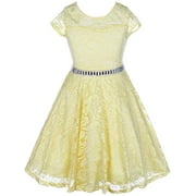 Big Girls' Illusion Lace Top Stone Belt Easter Flower Girl Dress Yellow 8 (J19KS88)