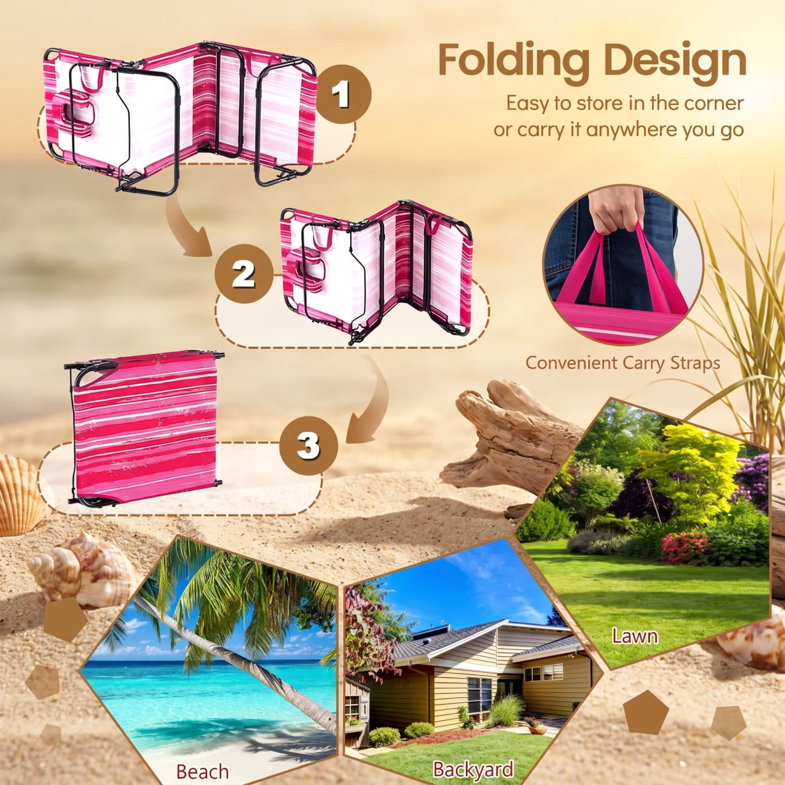 Furnibear Pink Stripe Folding Patio Chair Metal for Porch Deck Balcony Holds 330 lbs Weather-Resistant Outdoor Furniture