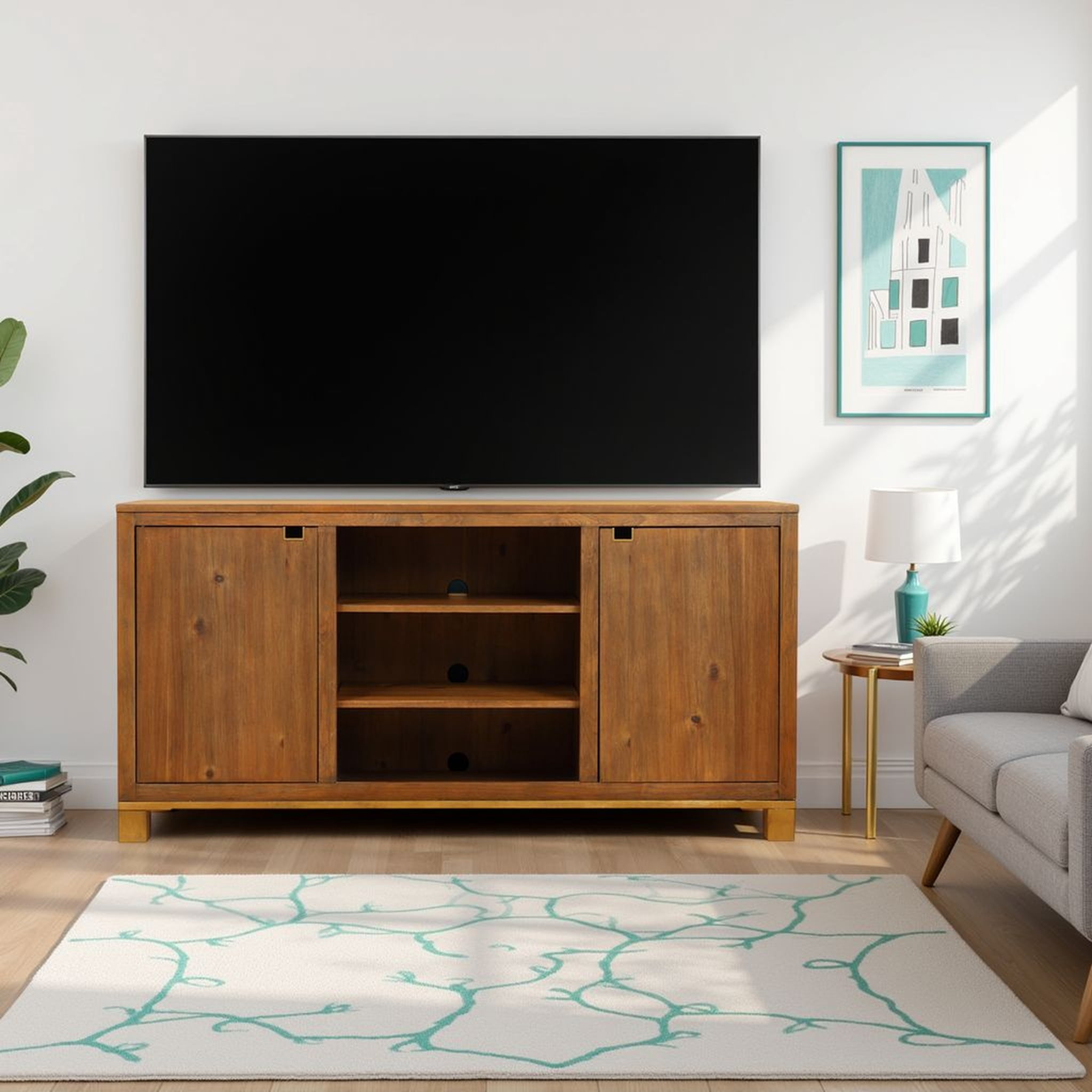 Bridgevine Home Tina 60 Inch TV Stand, High-Grade MDF, Laminate Shelves, Mango Tawny Finish