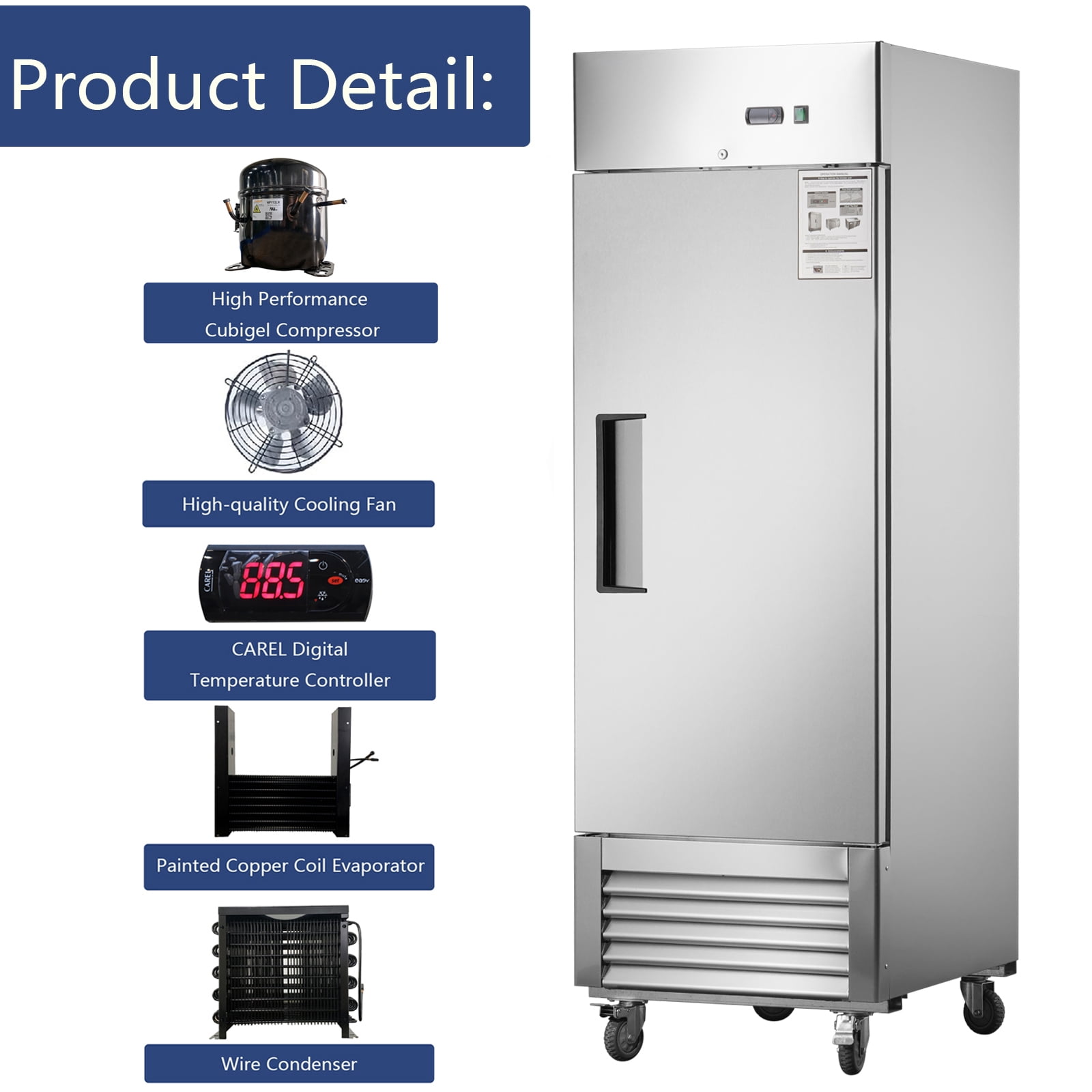 Camellia River 27" Solid Door Commercial Freezer, Reach-In Stainless Steel Freezer for Professional Kitchens
