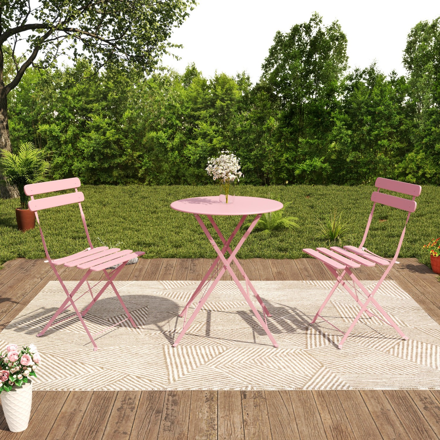 Bistro Table and Chairs Set for 2, 3 Piece Outdoor Patio Bistro Set with Folding Table and 2 Cushioned Chairs, Rust-Resistant Frame, Pink