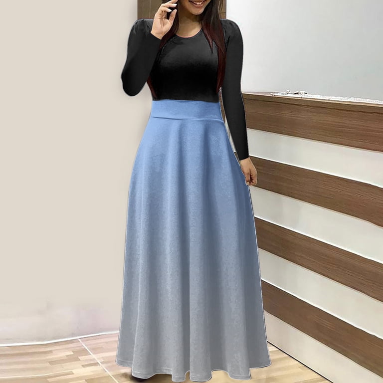 Gakvbuo Plus Size Maxi Dress for Women Long Sleeve Fall Dress ES Casual Color Block Crew Neck Patchwork Long Dress ES, Women's, Size: Large, Blue