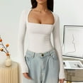 thumbnail image 2 of Arlun,Stretchy Tight Womens Cropped T Shirts Casual Square Neck Long Sleeve Slim Fit Fall Fashion Tops Women's Lightweight Soft Comfy Going out Sexy Tee Shirts White XS, 2 of 5