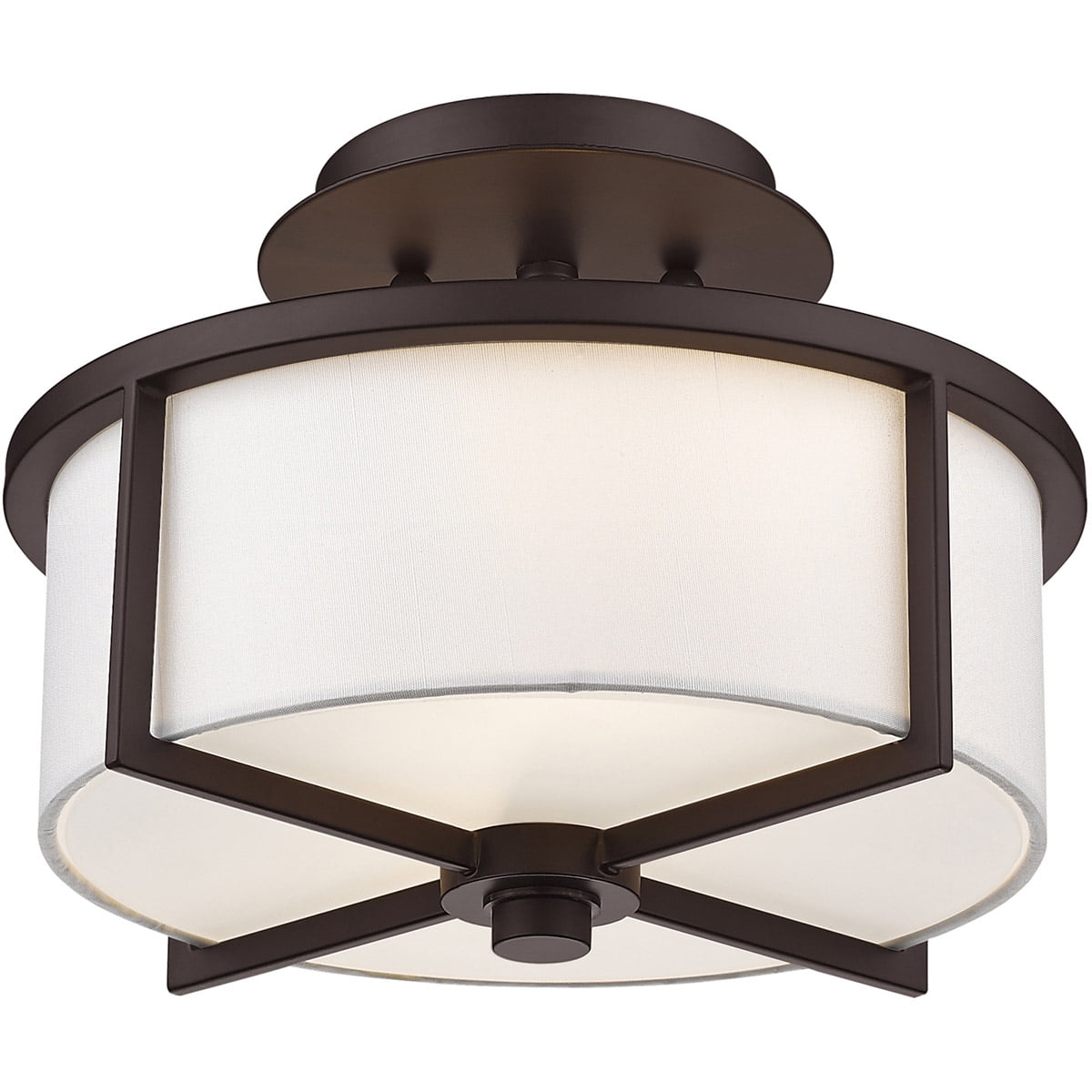 2 Light Bronze Ceiling Light fixture with Hand Crafted Off-White Fabric Hardback Shade