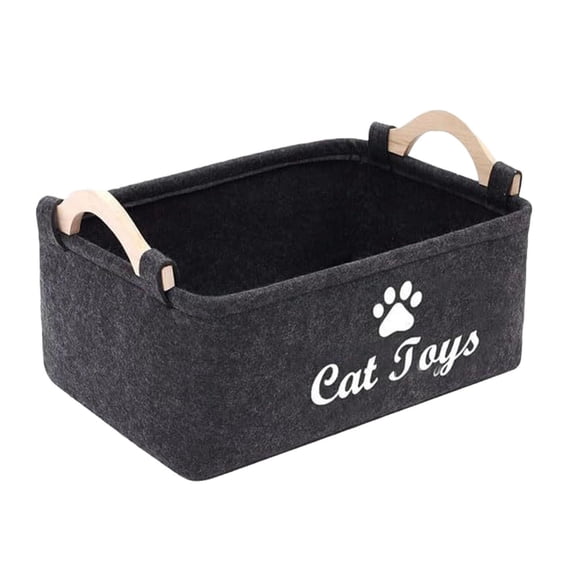 Toys Bin Organizer, Basket for Cat Toys, Paw Print, Black Felt, Small Wooden Basket with Handle, Fabric Storage, Cat Accessories, Pet Toys, Storage Bin, Open Top, 1 Pc
