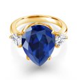 thumbnail image 2 of Gem Stone King 11.74 Ct Pear Shape Blue Created Sapphire 18K Yellow Gold Plated Silver Ring (Size 8), 2 of 5
