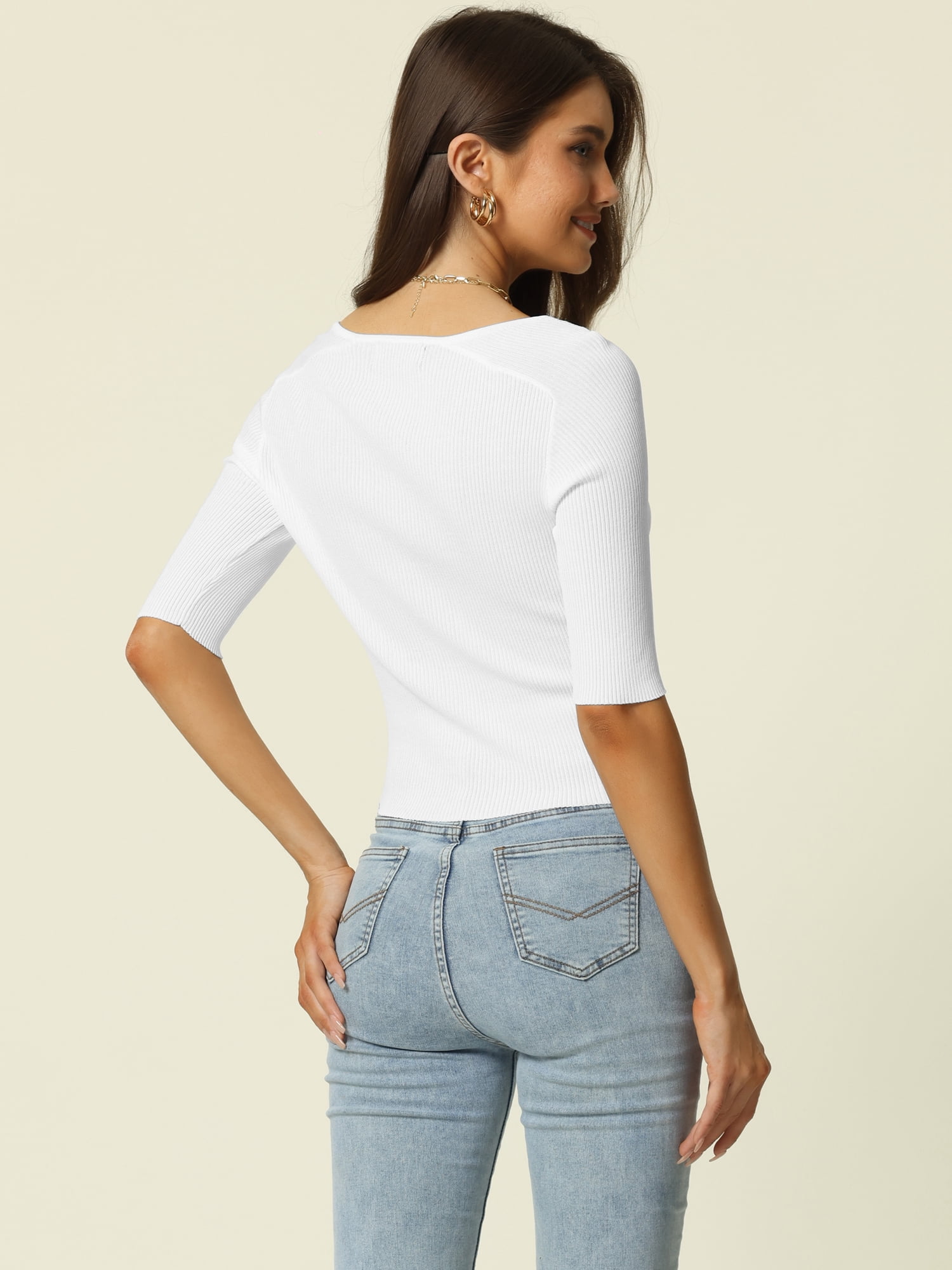 Women's Half Sleeve Square Neck T Shirts Slim Fitted Ribbed Knit Casual Tee S White