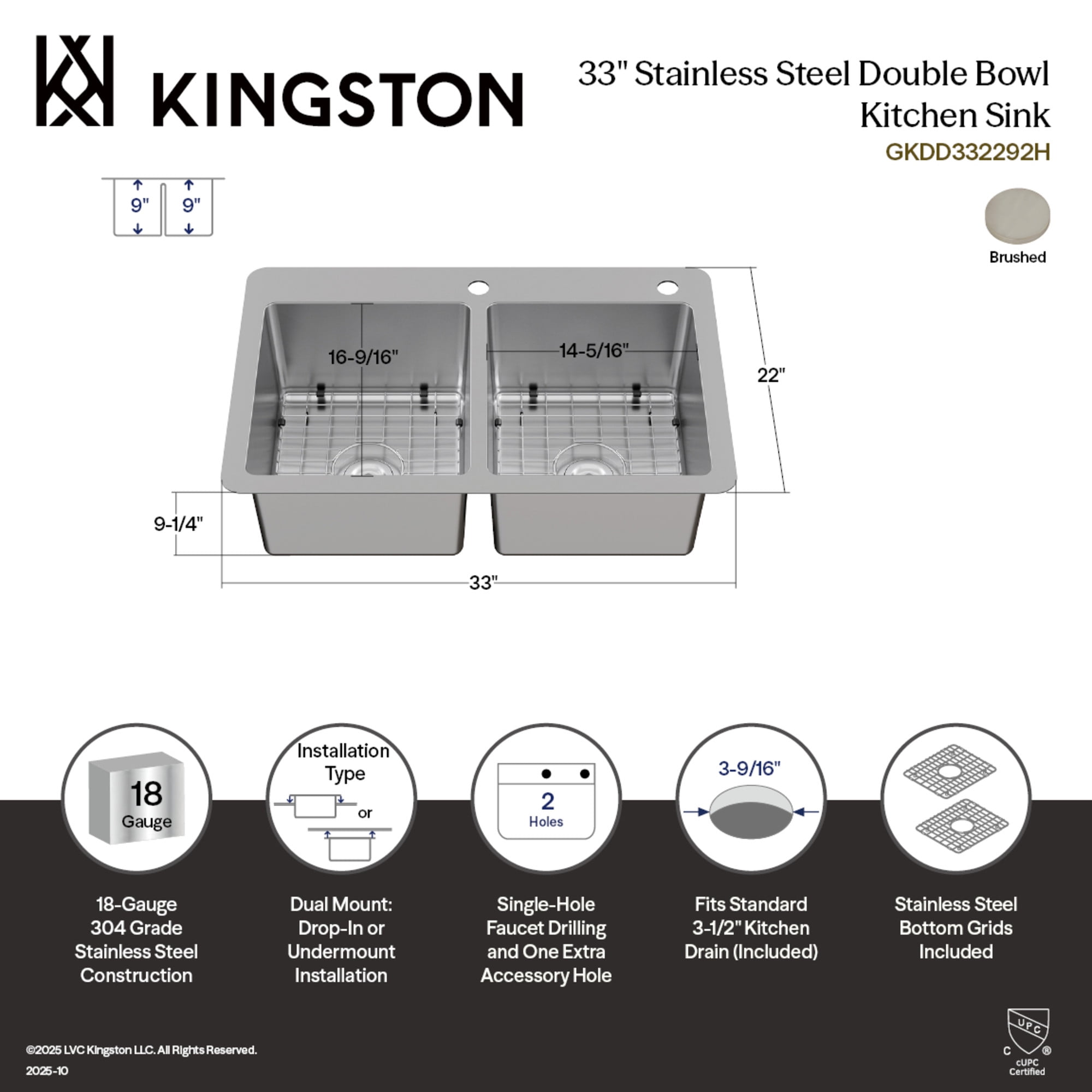 Kingston Brass GKDD332292H Calgary 33-Inch Stainless Steel Double Bowl Dual Mount Kitchen Sink with Drain in Brushed