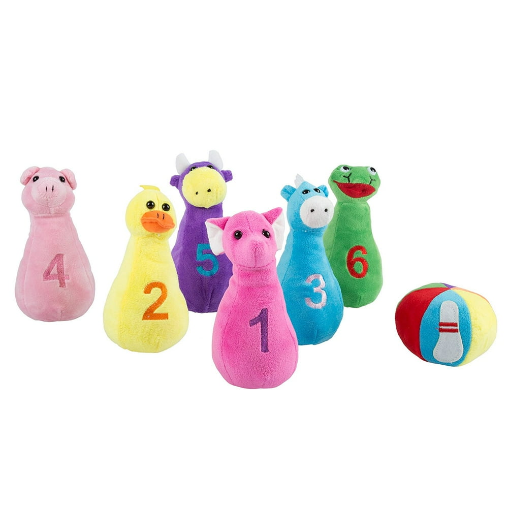 Kids Bowling Set with Six Numbered Plush Animal Pins and Plush Ball with Carrying Case