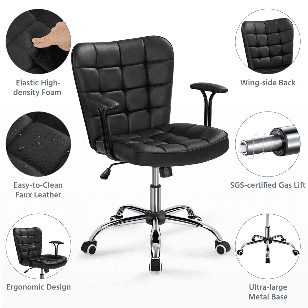 Yaheetech PU Leather Desk Chair with Padded Arms, Black