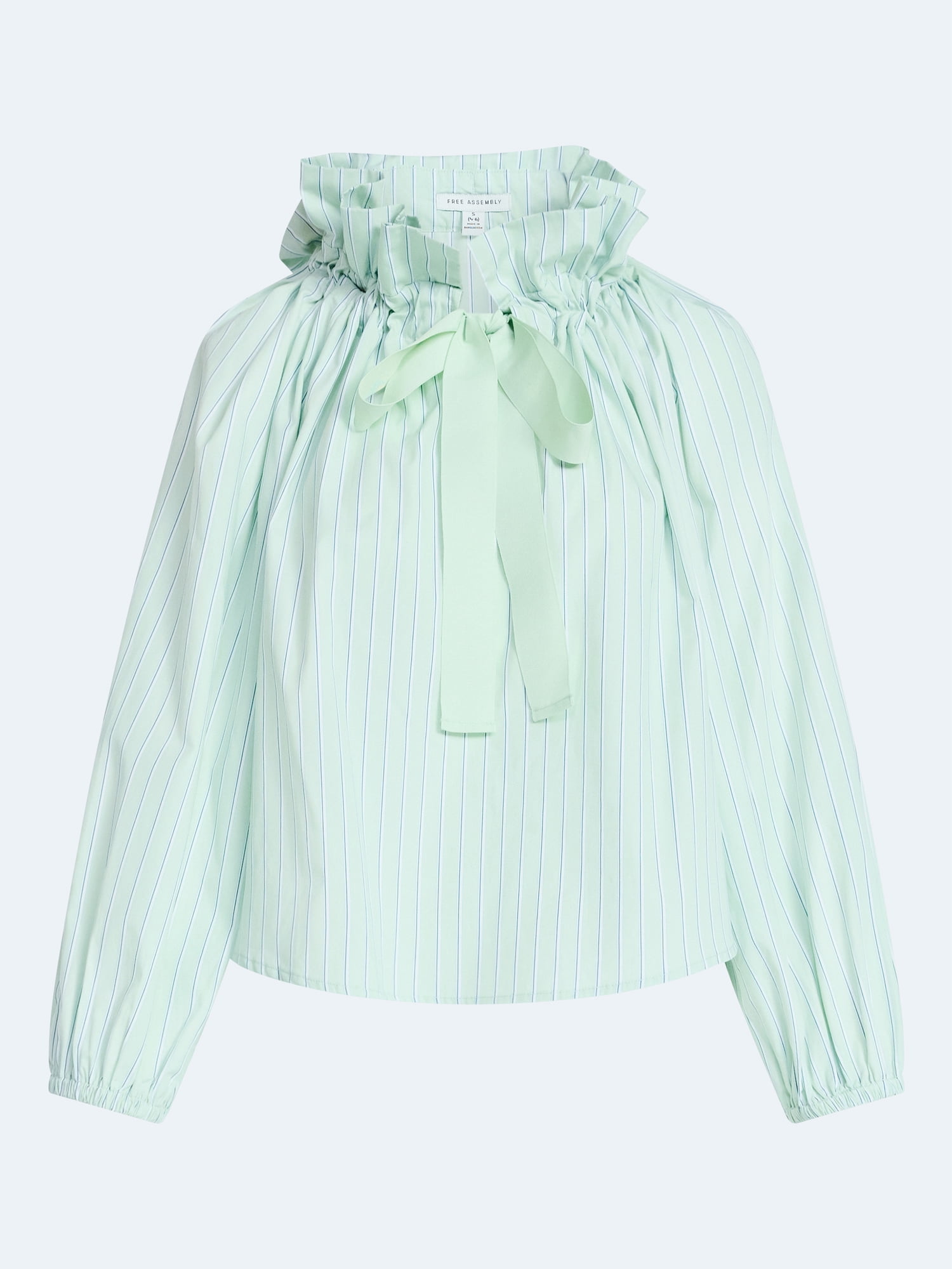 Free Assembly Women's Ruffle Tie Neck Cotton Top with Long Puff Sleeves, Sizes XS-XXL