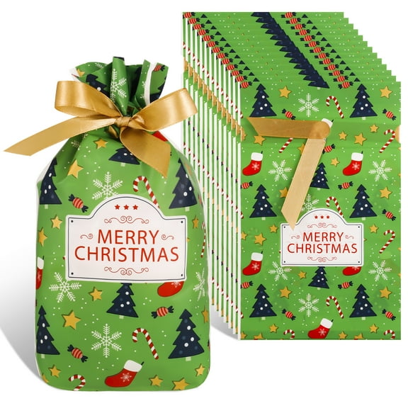BOPORO 50Pcs Christmas Drawstring Candy Bag,5.91*9.06 inch Gift Treat Cookie Pouch Goody Bags,Xmas Tree Candy Socks Wrapping Bags for Christmas Holiday Home Party Favor Supplies