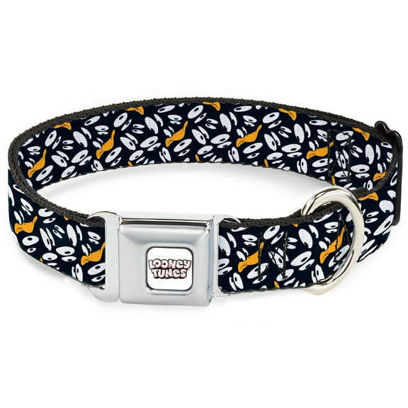 Looney Tunes Pet Collar, Dog Collar Metal Seatbelt Buckle, Daffy Duck Expression and Eyes Scattered Black White, 9.5 to 13 Inches 1.0 Inch Wide