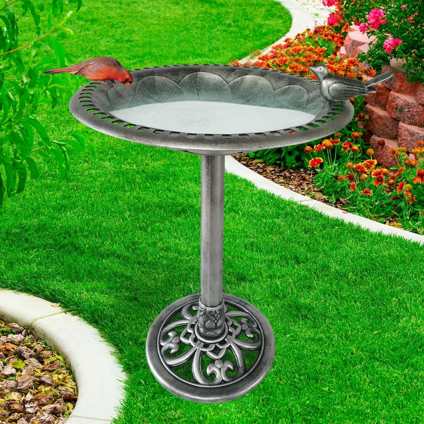29 Inch Polyresin Lightweight Outdoor Garden Bird Bath - Silver