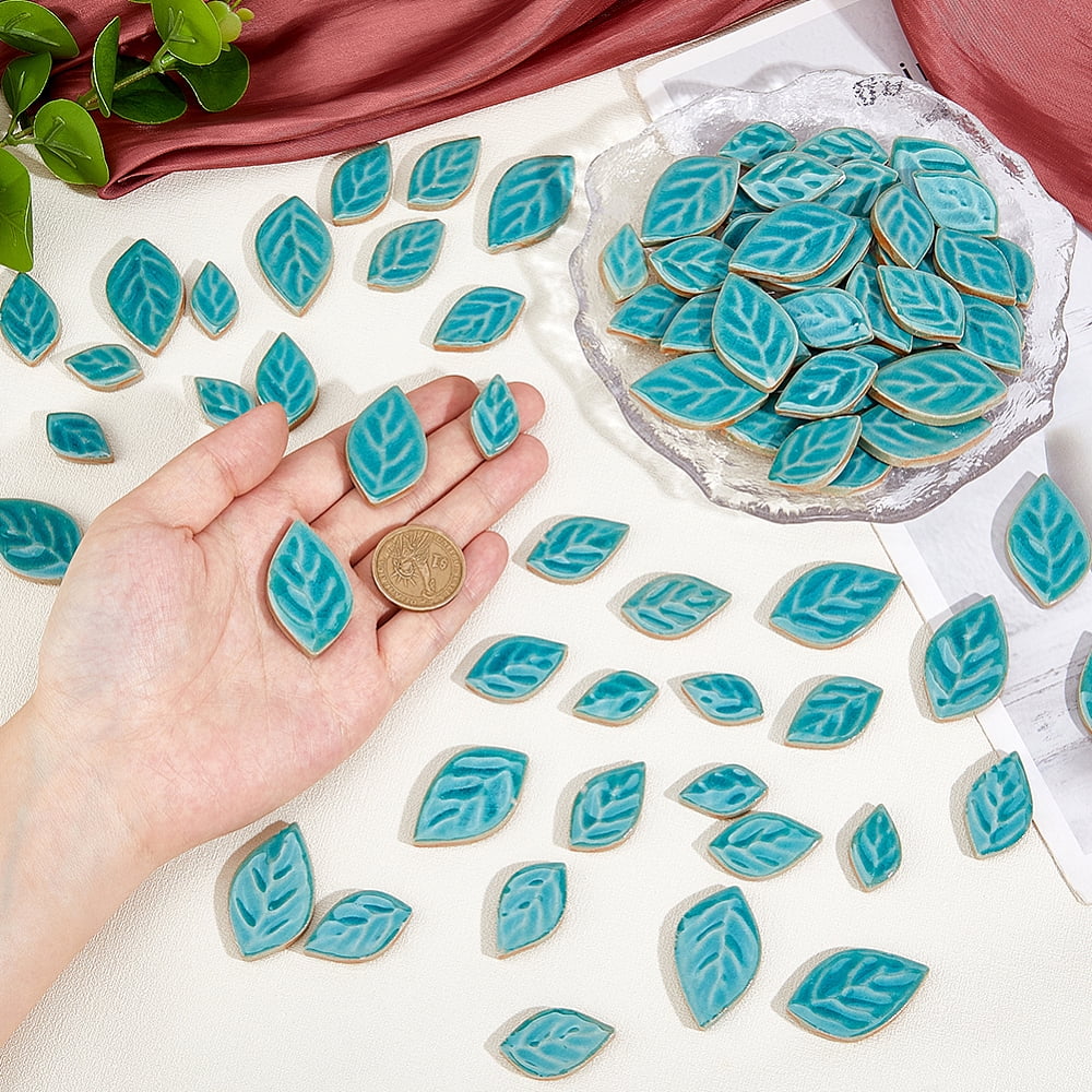 500G Mosaic Tiles Ceramics Cabochons for Home Decoration or DIY Crafts Leaf Cadet Blue 40x24x5.5mm