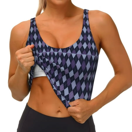 Qokaie Purple and Blue Squares Pattern Womens Scoop Neck Sports Bra Breathable Workout Vest Padded U Back Medium Impact Fitness Gym Yoga Bra Workout Crop Top