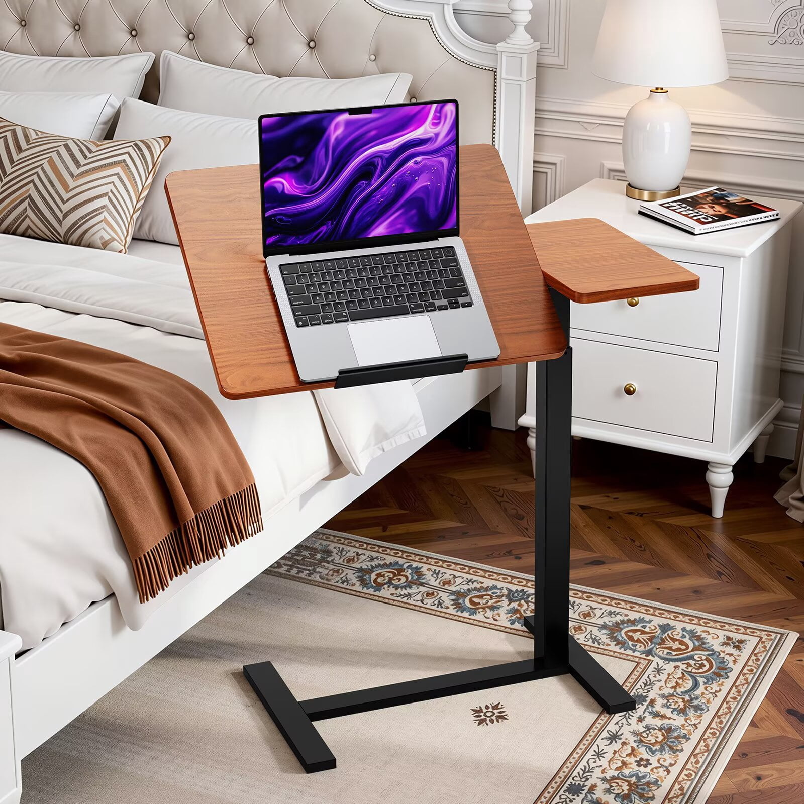 Simple Deluxe Standing Rolling Desk with Hidden Casters, Height Adjustable Pneumatic Mobile Laptop Desk, Tilting Bedside Table for Laptop, Overbed Bedside Table Hospital Home Use, Brown