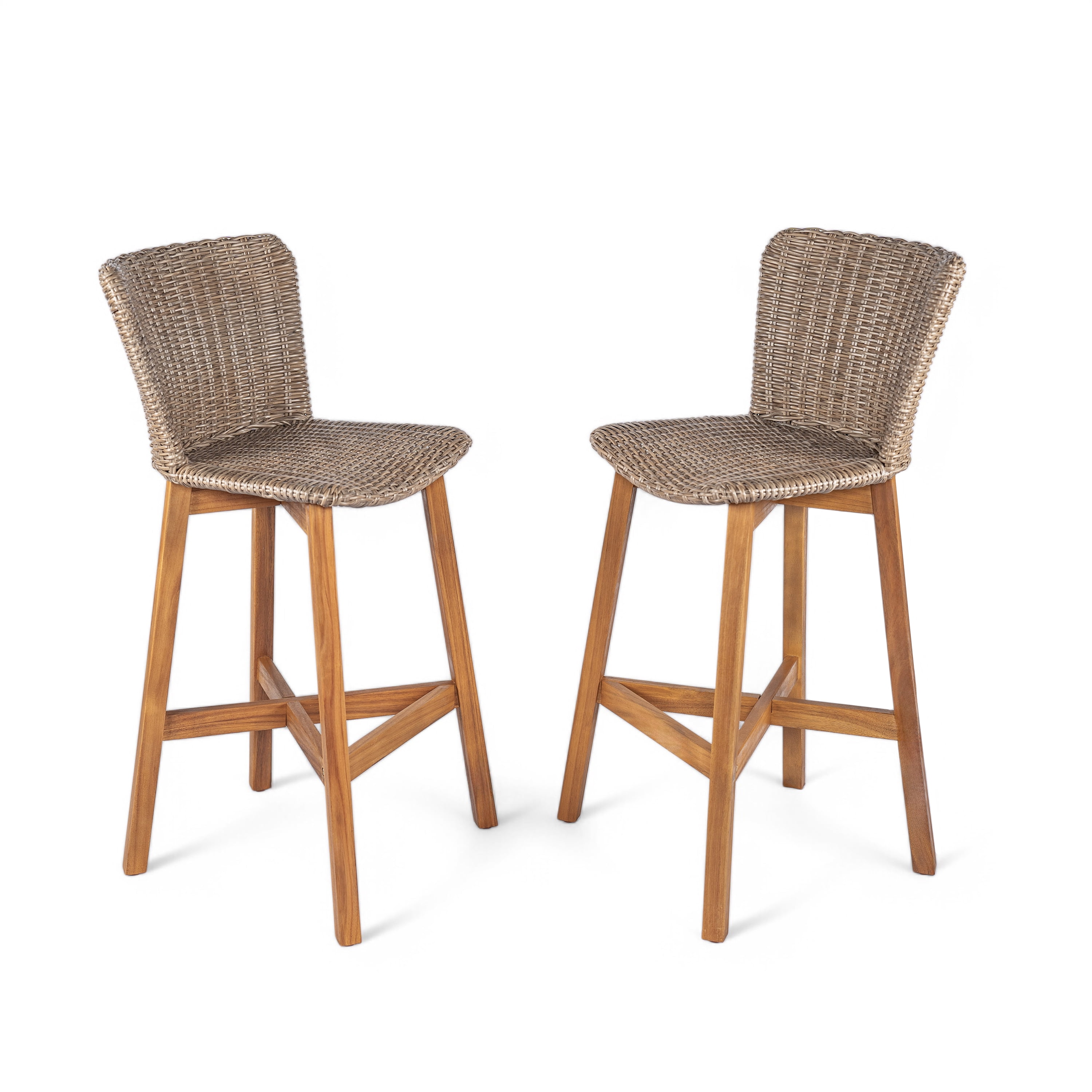 Outdoor Wood Wicker Bar Stools Set of 2 for Patio Bar, Teak