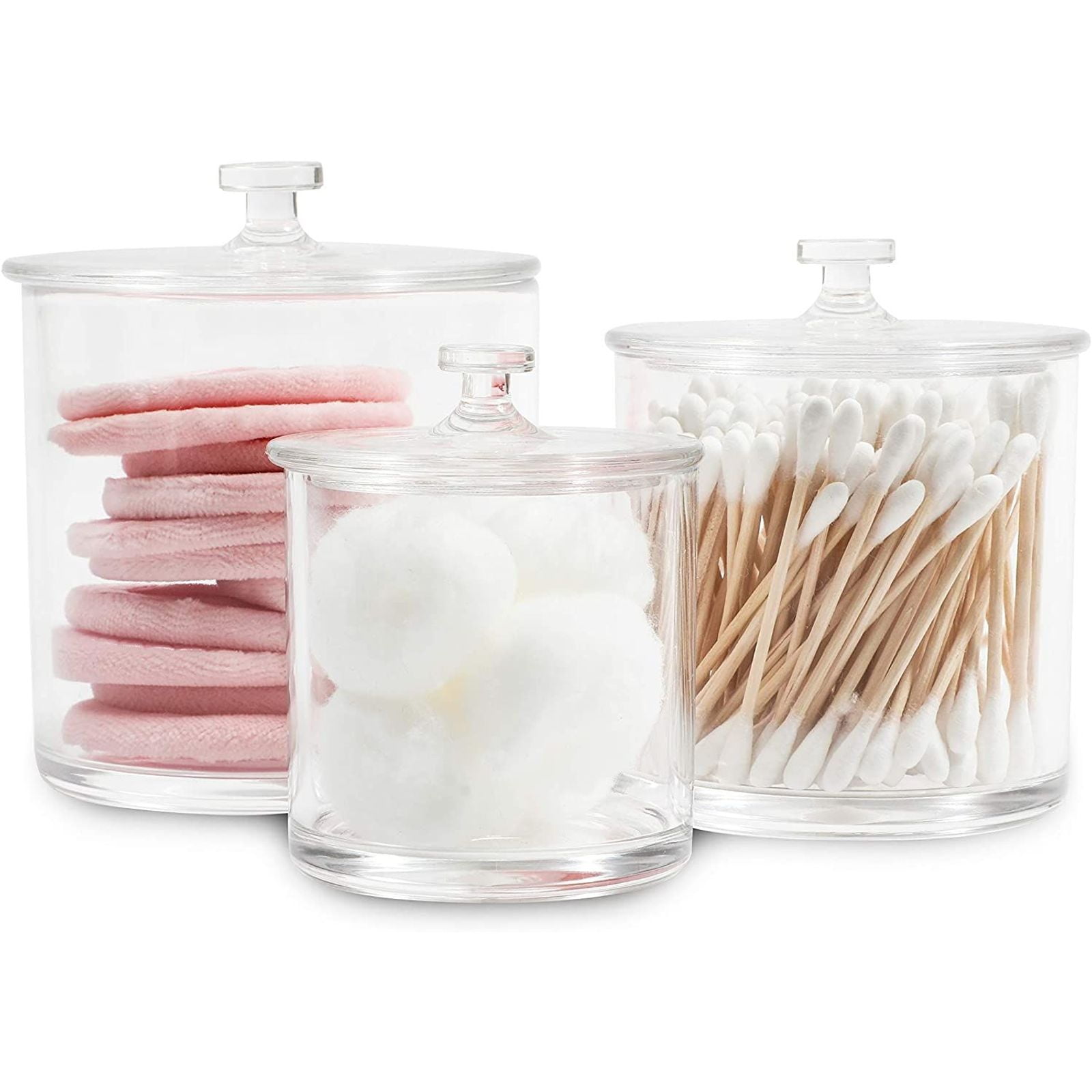 Premium Quality Clear Plastic Apothecary Jars,Set of 3 Storage Organizers Cotton 