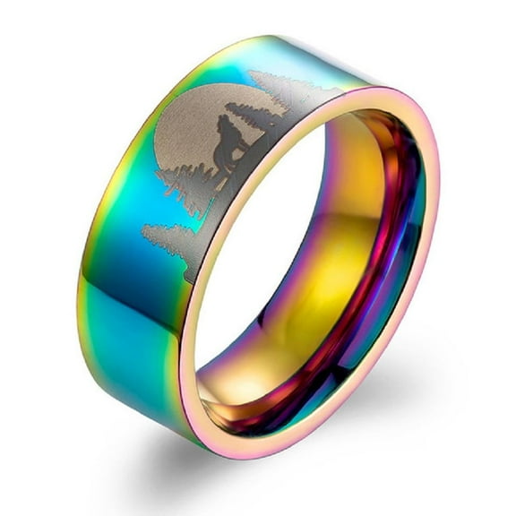 MayiaHey Wolf Band Ring, Moon Forest Wolf Ring for Men, Norse Viking Wolf Animal Ring Wolf Jewelry, Stainless Steel Celtic Wolf Animal Ring Hip Hop Howling Wolf Ring